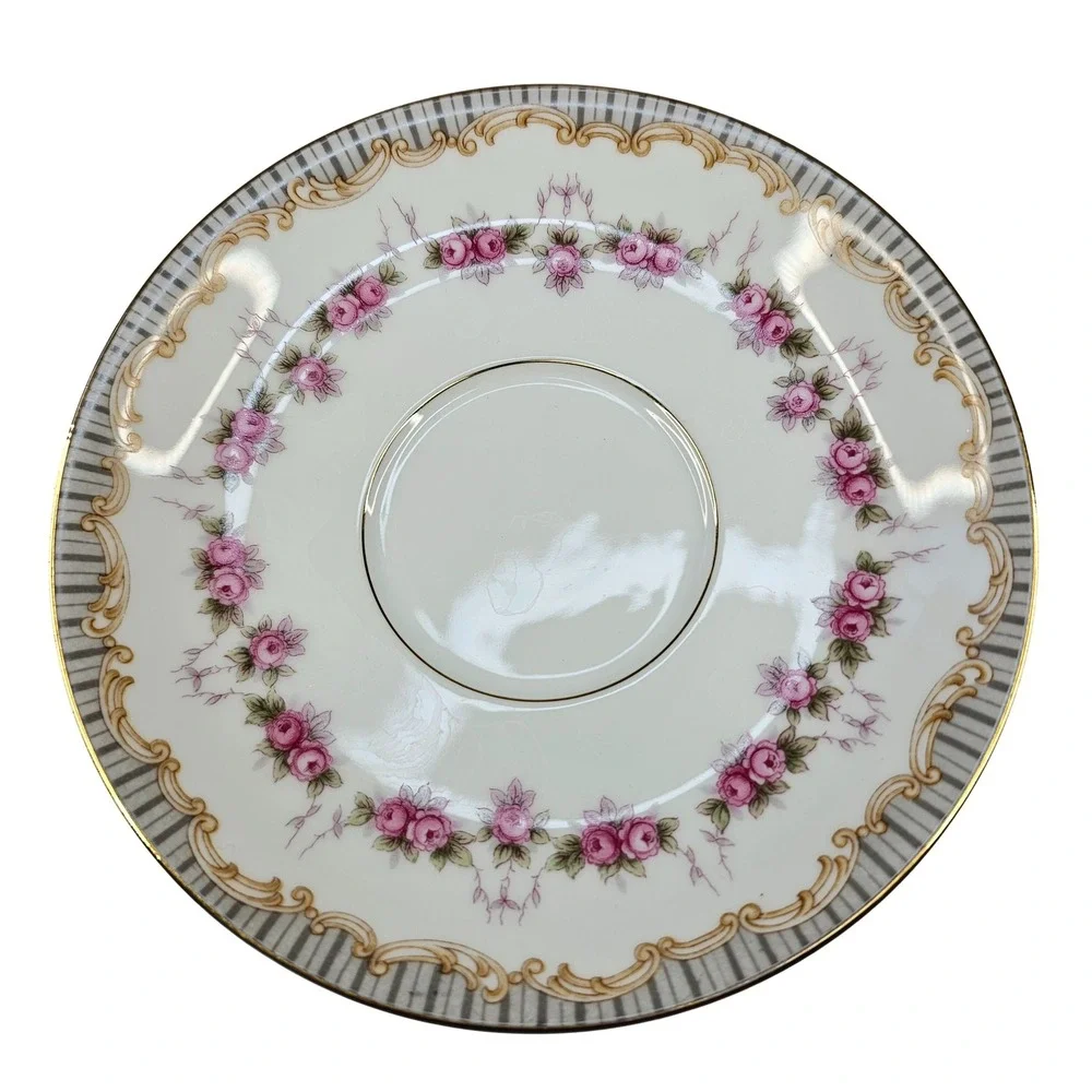 Vintage‎ Noritake China Ridgewood Saucer, Pink Rose Garland, Gold Accent